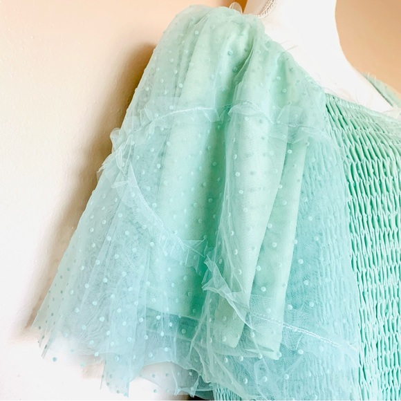 Polagram Mint Green Tulle Swiss Dot Smocked Tiered Dress. - Picture 4 of 16
